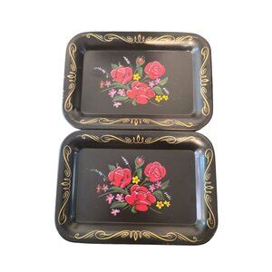 Vintage Toleware mini Tray set Hand-Painted Black gold Roses Floral folk art